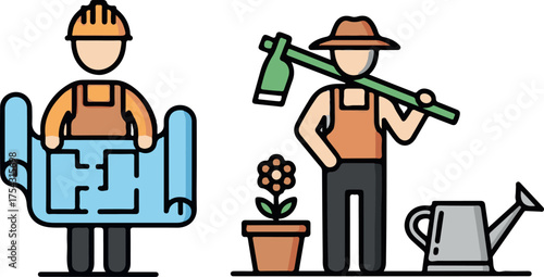 Flat Style Icons: Construction Worker with Blueprint and Gardener with Tools