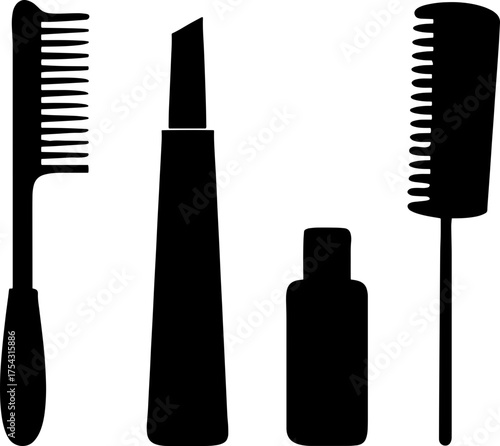 Set of beauty tools in silhouette, perfect for cosmetic, hair care and beauty themes