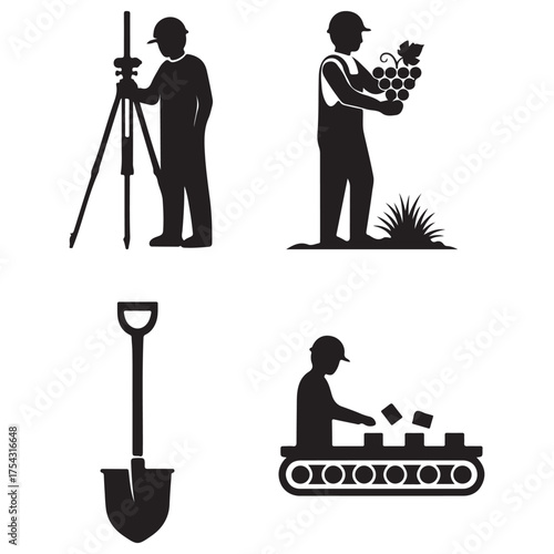 Minimalist Black Silhouette Work and Industry Icons on White