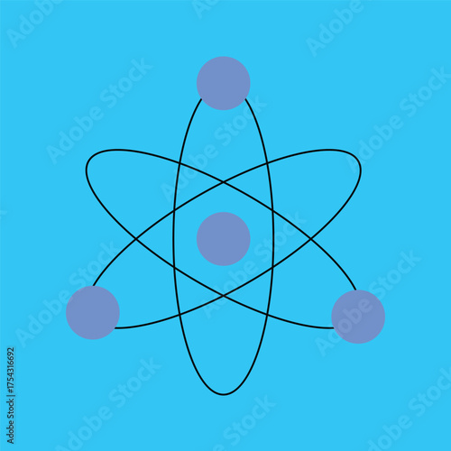 Conceptual graphic illustration of a simplified atom, showing a nucleus and orbiting electrons, symbolizing fundamental principles of physics, chemistry, matter, and energy