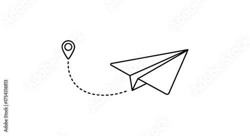 Simple black and white line art silhouette of a paper airplane with a dotted line leading to a location pin silhouette