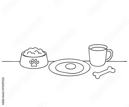 Dog food bowl vector illustration. Black outline sketch