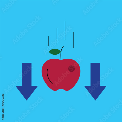 Gravity in action a vibrant red apple descends, flanked by arrows, illustrating the fundamental force of nature that pulls objects towards the earth