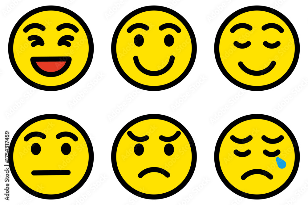 Fototapeta premium 顔のアイコンイラストセット、黄色い顔の絵文字
