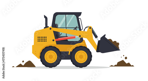 Yellow Skid Steer Loader Excavator Constructing Ground with Dirt and Soil on White Background