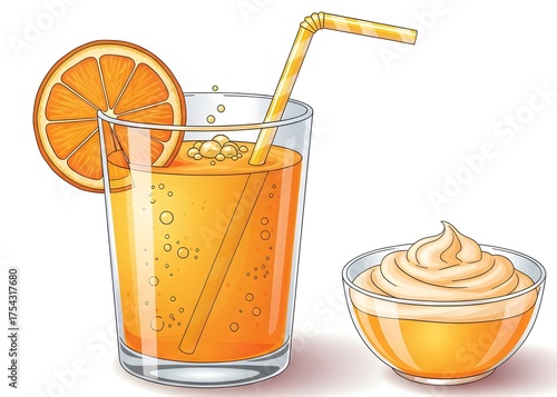 a semi-realistic vector illustration of a glass of orange juice with straw, bubbles, a slice garnish, and a small bowl of orange cream beside it, on a white background with soft shadows.