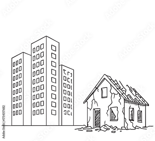 Pen and ink sketchy hand drawing of modern city street destroyed by war, riot or disaster