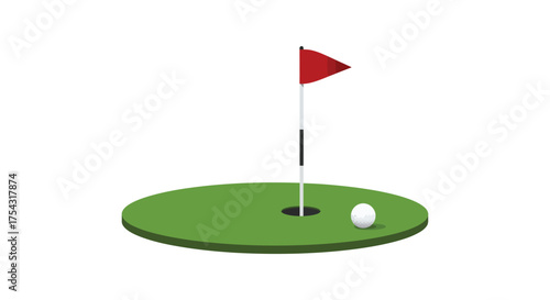 A vibrant green golf putting green with a red flag and white ball on a white background silhouette