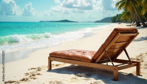 Tranquil Beach Relaxation Luxurious Leather Chaise Lounge Basking in Warm Sunlight, Gentle Ocean Waves Lapping the Pristine Sandy Shore