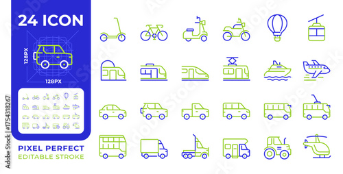 Vehicles pixel perfect two color two color line icons set. Machines transport people and cargoes. Riding service bicolor outline iconset isolated. Duotone pictograms thin linear. Editable stroke