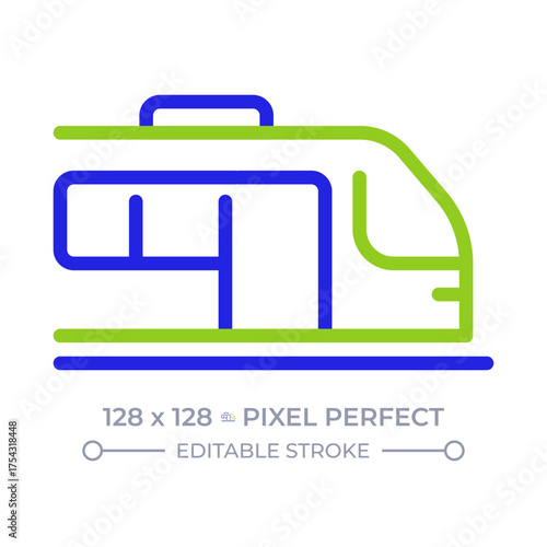 Train pixel perfect two color line icon. Commuter railroad vehicle. Railway transport. Locomotive riding bicolor outline symbol. Duotone linear pictogram. Isolated illustration. Editable stroke