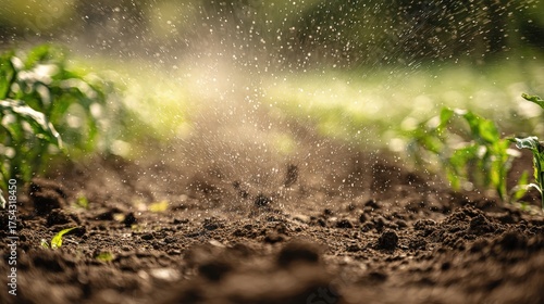 Close up of soil with water droplets creating dust in agricultural field