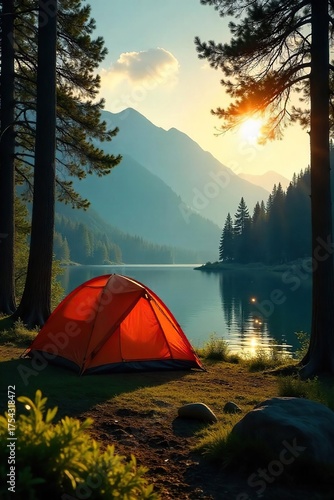 Tranquil Lakeside Campsite Golden Sunlight Bathes Cozy Tent in Lush Greenery