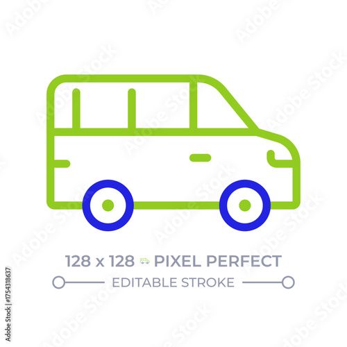 Minibus pixel perfect two color line icon. Public passenger vehicle. Transporting people service. Microbus bicolor outline symbol. Duotone linear pictogram. Isolated illustration. Editable stroke
