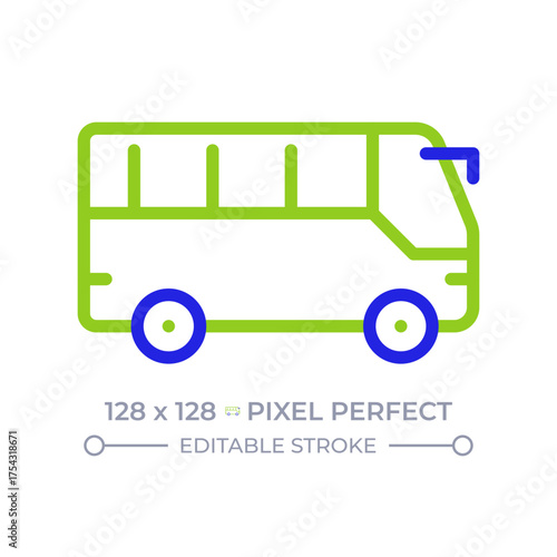Bus pixel perfect two color line icon. Intercity coach. Airport shuttle. School transportation. Public transfer bicolor outline symbol. Duotone linear pictogram. Isolated illustration. Editable stroke