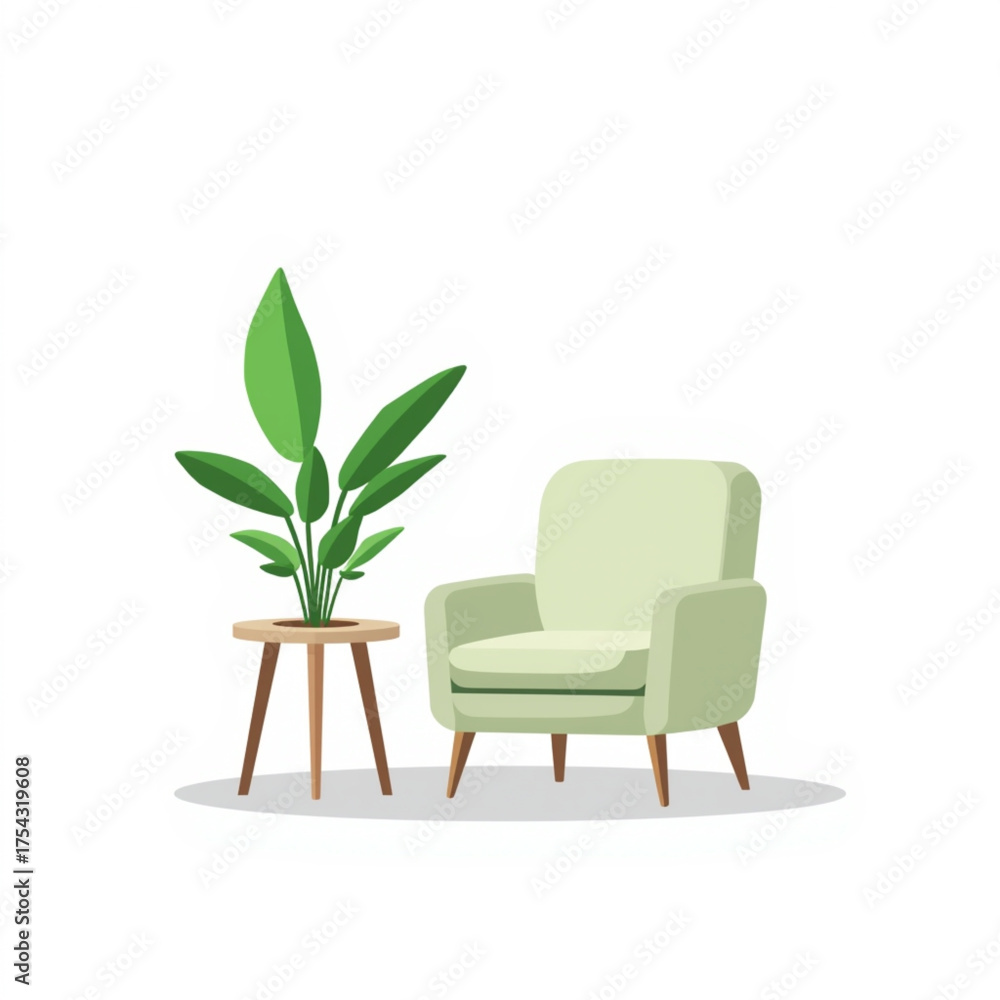 Fototapeta premium Minimalist Living Room Interior with Green Armchair and Indoor Plant Vector Illustration
