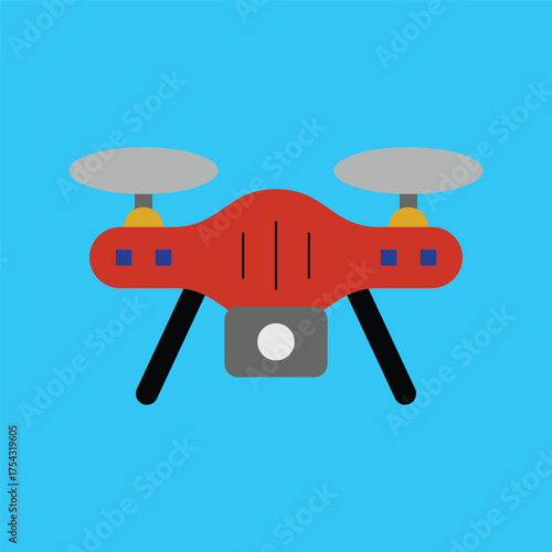 Vibrant flat design illustration of a modern red drone equipped with a camera, representing advanced aerial technology for remote photography and surveillance operations