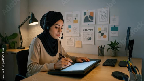 Muslim digital artist in a headset and turban-style hijab is working on a digital drawing tablet at her desk, modern creative workspace.