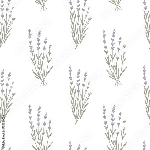 Seamless lavendersprig pattern onwhite backgroundMinimalist botanical design for textiles, packaging, wallpaper or digital products