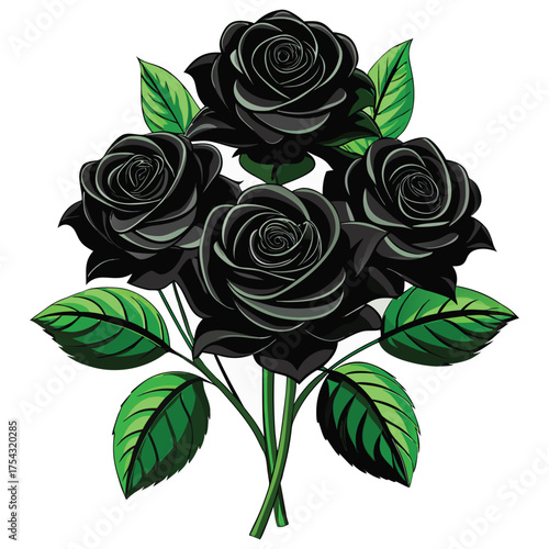 Black Rose Bouquet Illustration,Elegant Dark Roses with Green Leaves, Gothic Floral Art,Black Rose vector,Black Rose design, Black Rose concept,Black Rose cartoon,Black Rose icon, Black Rose template,