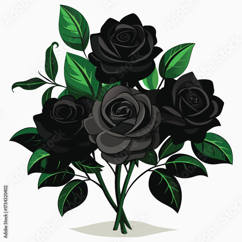 Black Rose Bouquet Illustration,Elegant Dark Roses with Green Leaves, Gothic Floral Art,Black Rose vector,Black Rose design, Black Rose concept,Black Rose cartoon,Black Rose icon, Black Rose template,