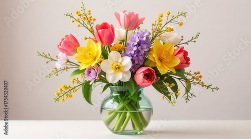 Wallpaper Mural A vibrant springtime bouquet filled with assorted blooming flowers and greenery elegantly arranged in a clear glass vase. Torontodigital.ca