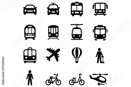 Transport icons set with car, taxi, bus, tram, train, airplane, hot air balloon, pedestrian, bicycle and helicopter in solid black style