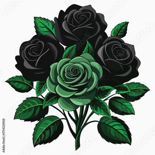 Black Rose Bouquet Illustration,Elegant Dark Roses with Green Leaves, Gothic Floral Art,Black Rose vector,Black Rose design, Black Rose concept,Black Rose cartoon,Black Rose icon, Black Rose template,