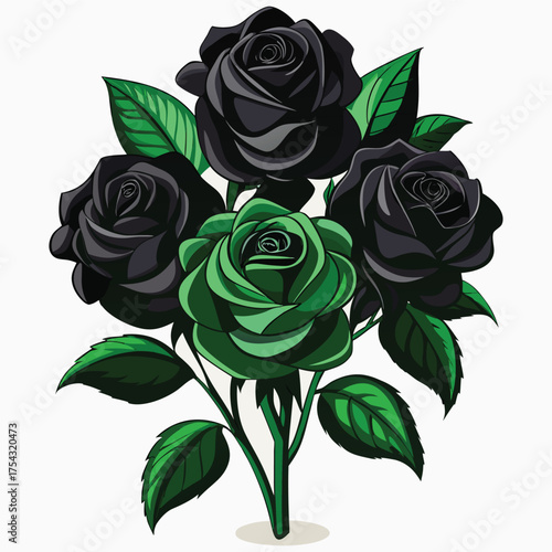 Black Rose Bouquet Illustration,Elegant Dark Roses with Green Leaves, Gothic Floral Art,Black Rose vector,Black Rose design, Black Rose concept,Black Rose cartoon,Black Rose icon, Black Rose template,