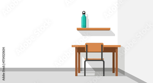 Simple and clean interior workspace scene. A modern illustration of a desk and chair in a tranquil, organized room corner
