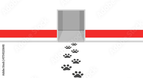 A minimalist vector illustration showing a trail of paw prints leading from a slightly ajar door, symbolizing a pet's quiet departure or arrival