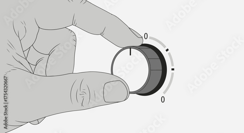 Monochrome vector illustration of a finger turning a dial from zero, symbolizing control, power, and adjustment
