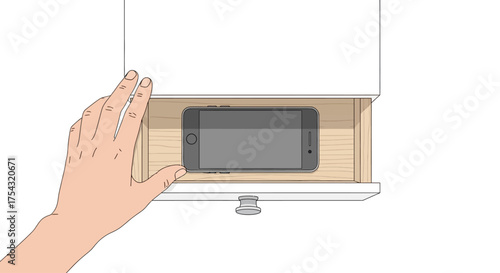 A hand opening a drawer revealing a smartphone, illustrating the concept of digital privacy, hidden communication, or taking a break from technology