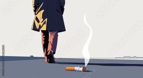 A solitary figure walks away from a smoldering cigarette on the ground, a symbolic illustration of quitting an addiction