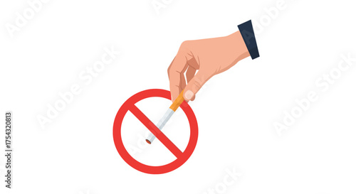 Hand putting a cigarette into a red no smoking sign as a concept for quitting, breaking a bad habit, and choosing a healthy lifestyle