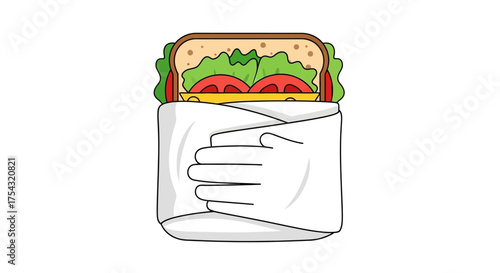 Creative vector graphic of a hand holding a deli sandwich, representing fresh food, takeaway meals, and a quick lunch