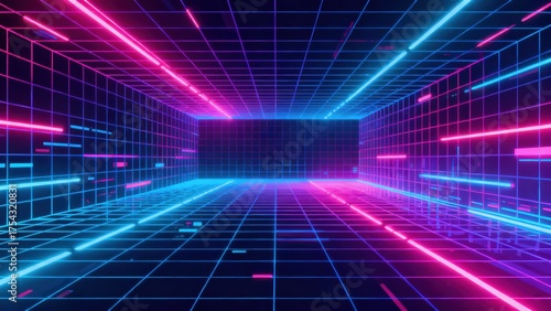 Three dimensional grid environment illuminated by intense pink and cyan neon light trails