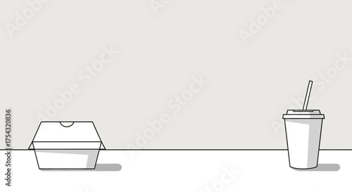 A modern and clean line art depiction of a quick service meal. This minimalist graphic shows a takeout food container and a soft drink cup