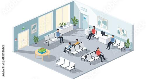 An isometric vector illustration of a modern hospital waiting room interior, with patients sitting in the lobby and a receptionist at the front desk