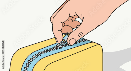 A person's hand zipping up a bright yellow pouch, demonstrating a simple everyday action in a clean, minimalist illustration style