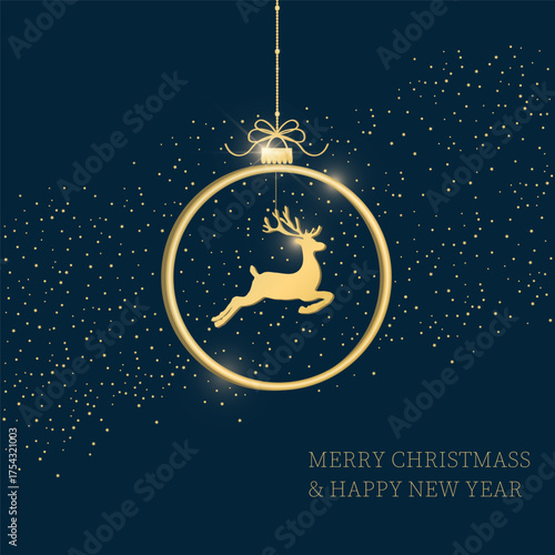 Greeting card with small christmas dears. Christmas golden deer on dark green background with golden snowflakes. Vector illustration. Gold pattern