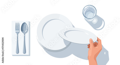 Top view illustration of a person setting the table for a meal with plates and silverware on a white background