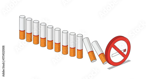 Conceptual illustration representing quitting smoking with a domino effect of cigarettes falling, started by a no smoking sign