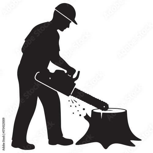 Monochromatic Silhouette Graphic of Worker Operating Chainsaw on Tree Stump