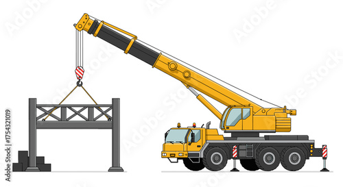 Dynamic yellow mobile crane lifting a substantial steel beam structure, depicting heavy construction work and modern industrial engineering on a building site