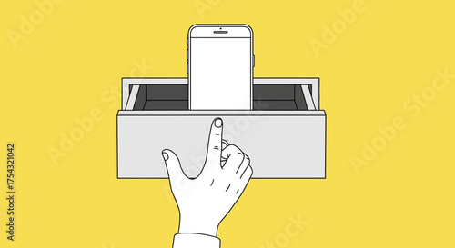 Minimalist vector illustration of a hand selecting a new smartphone from an open box against a yellow background, a concept for digital choice and e-commerce