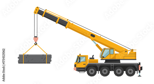 Construction Crane Lifting Concrete Block Flat Vector Illustration