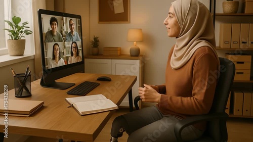 A professional Muslim woman in a beige hijab and smart-casual blazer is seated at her desk in a bright home office, speaking confidently during a video call, natural lighting, remote work style.