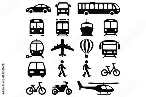 Transportation black icon set with car, bus, tram, train, ship, airplane, bike, scooter, helicopter, hot air balloon and walking symbols for travel and map design