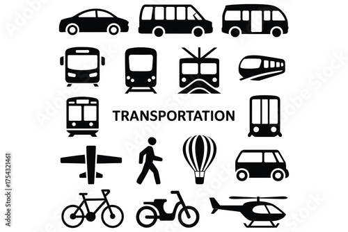 Transportation icons set with car, bus, train, tram, airplane, bike, scooter, helicopter, hot air balloon and walking symbol for maps and travel design